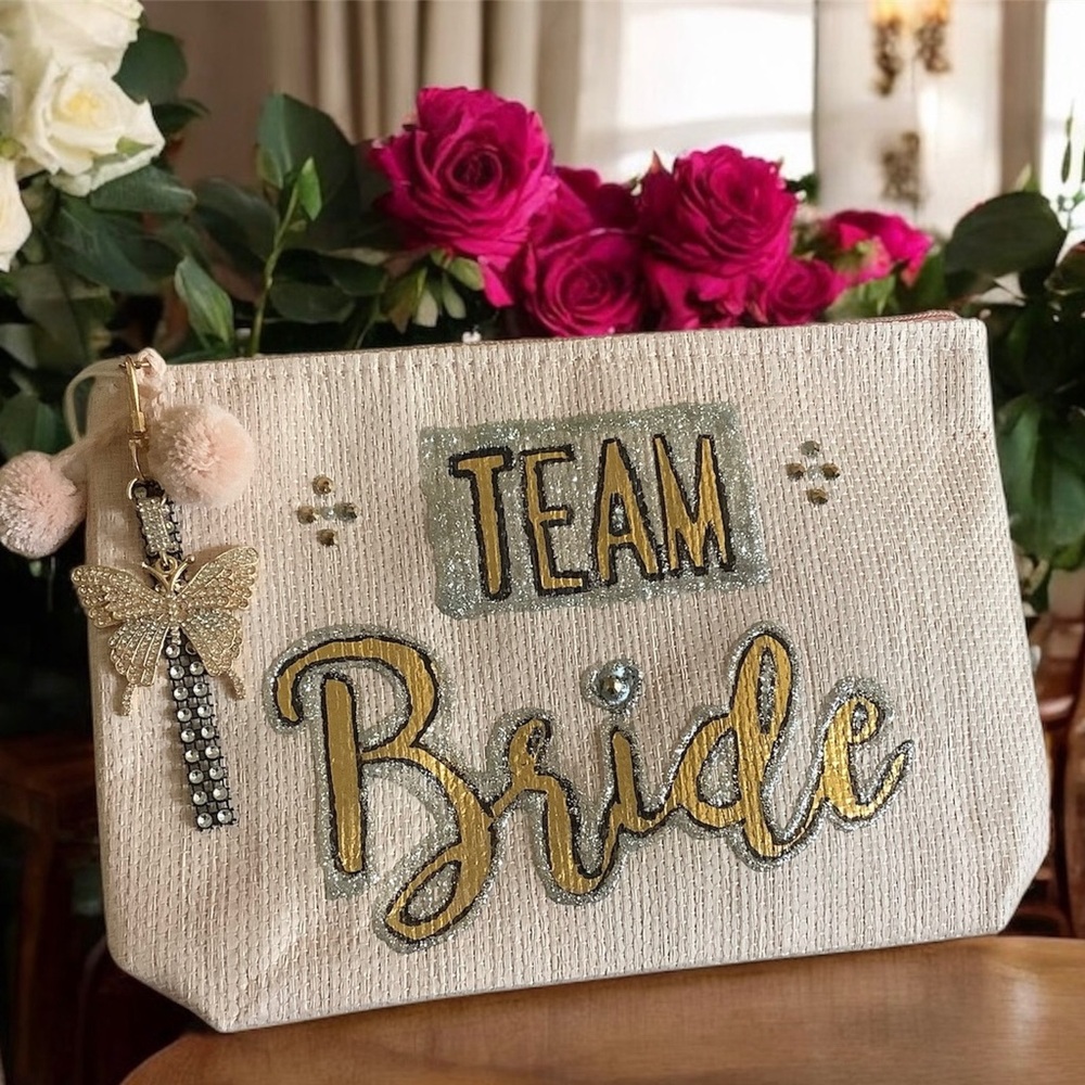 Cosmetic bag with  Gold Butterfly and Pink Pom Poms